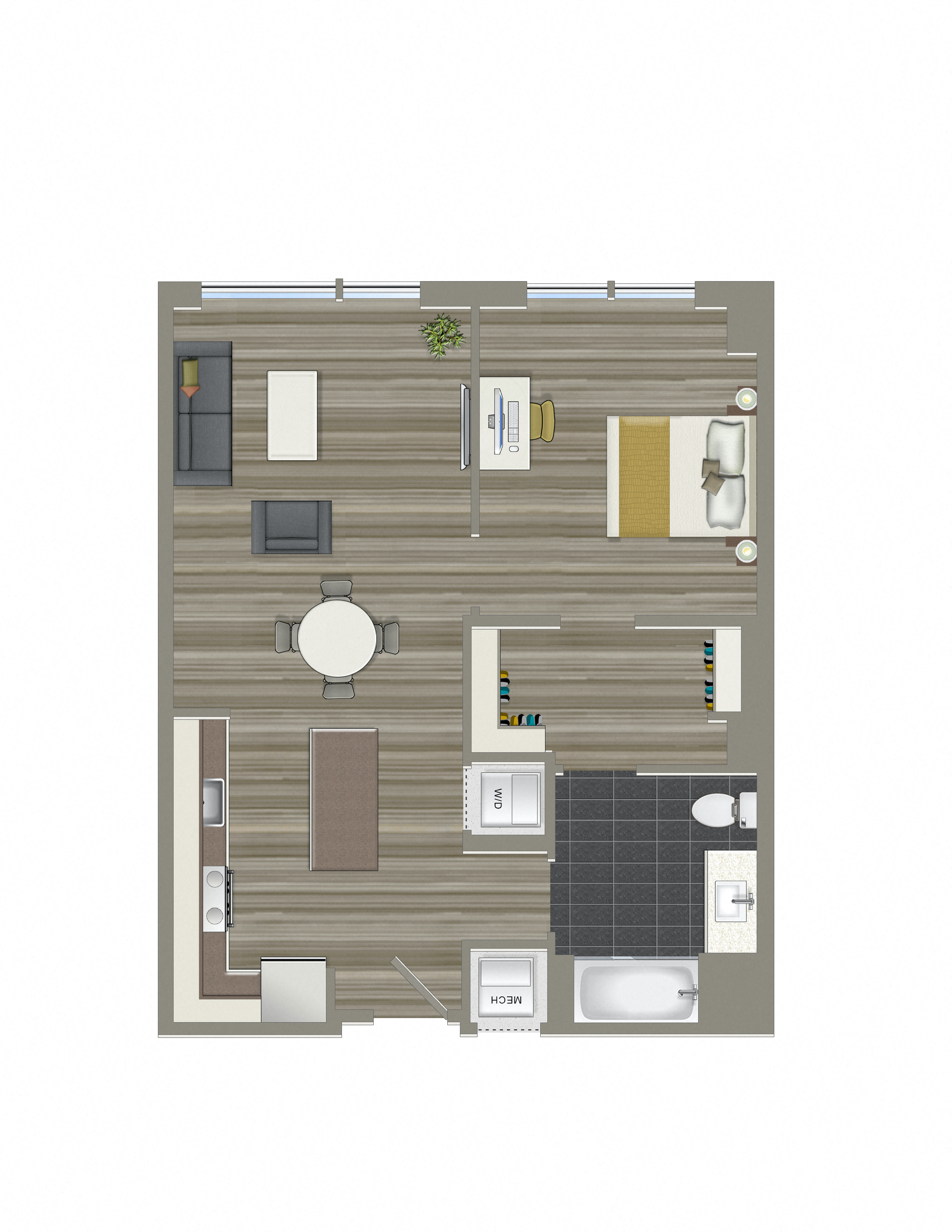 Floor plan for 1 bed, 1 bath, 719 sqft